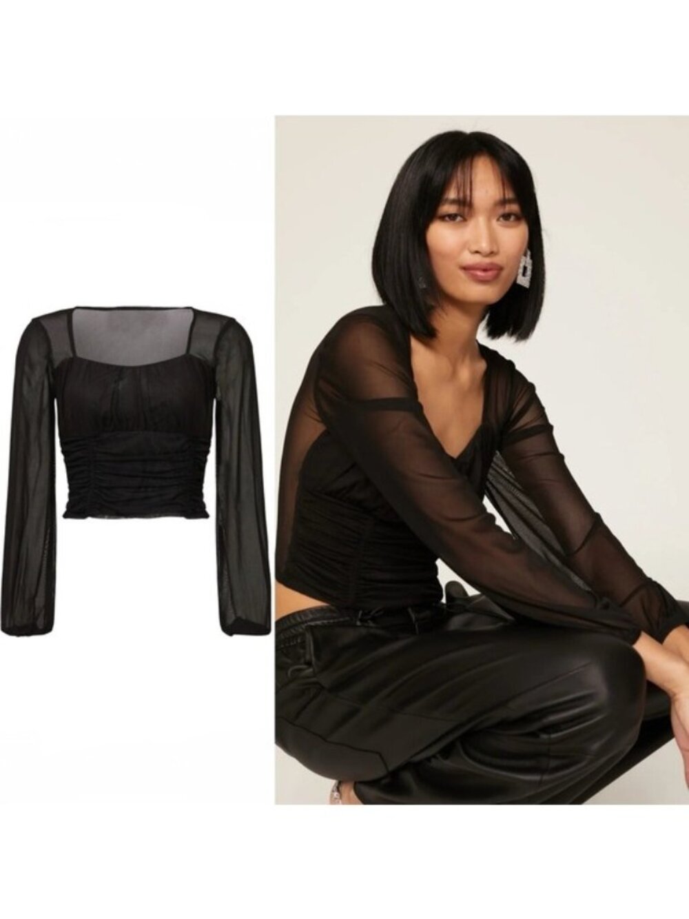 Louna Ruched Mesh Blouse Top XS Black Sheer Puff Sleeve